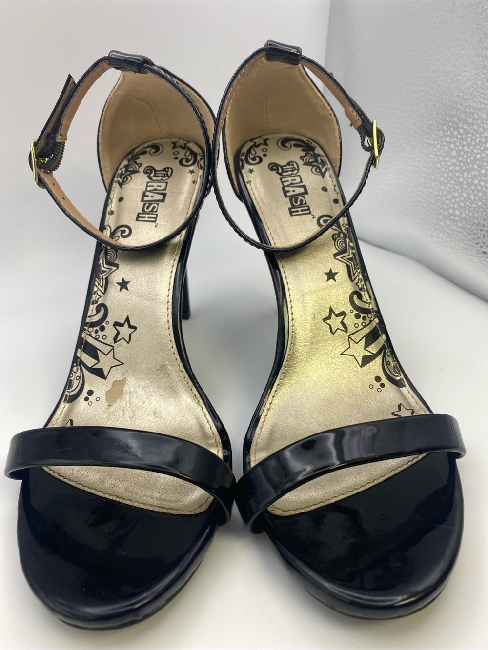 Brash Y2K Black Patent Leather Edgy Open-Toe Ankle-Strap Stiletto 3” Heels